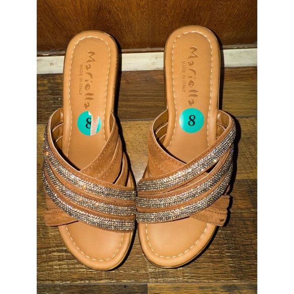 NWOT Mariella Brown Rhinestone Wedge Sandals Size 8 - Picture 7 of 10
